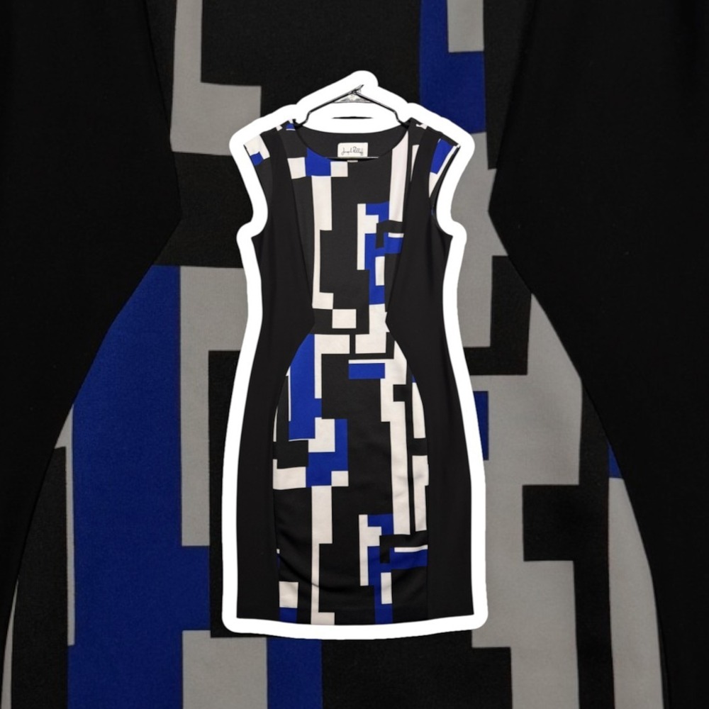Joseph Ribkoff Optical Geometric Illusion Sheath Dress Womens 6 Black Blue White